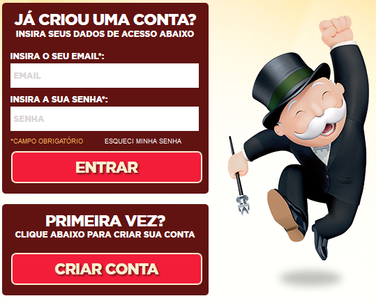 Promoção Milionário McDonald's Monopoly. Criar Conta