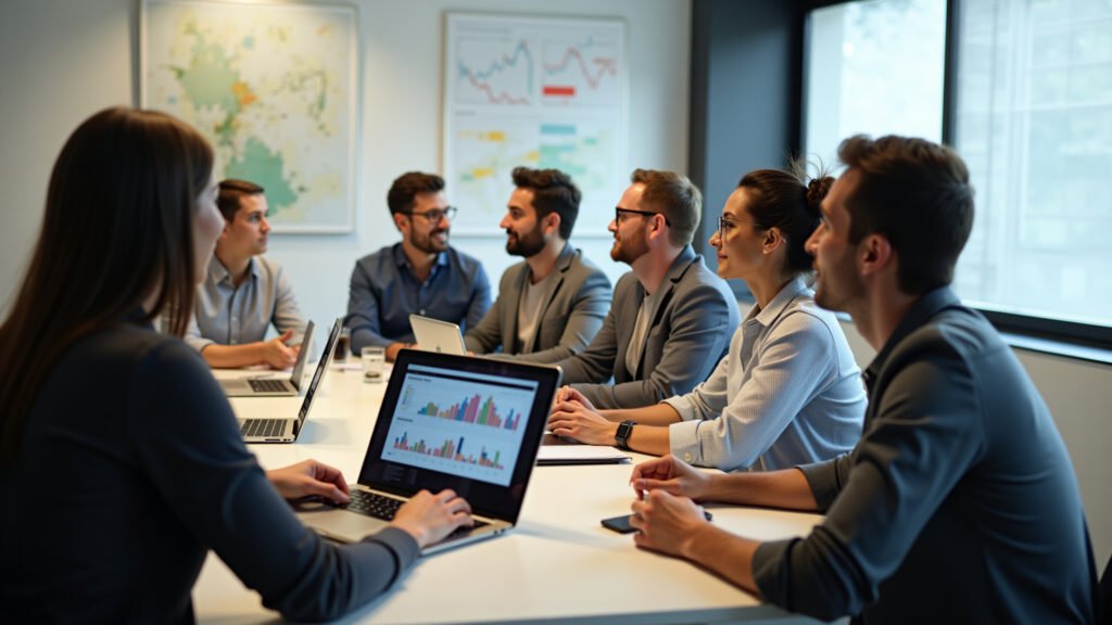 Brasileiros diversos discutindo investimentos em espaço de coworking.