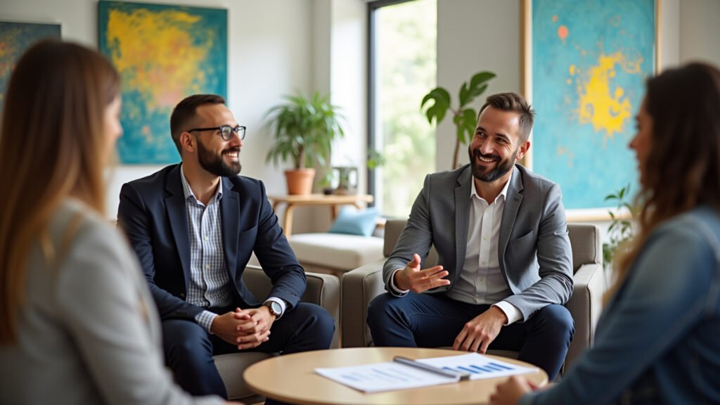 Grupo diverso discutindo fundos de investimento.
