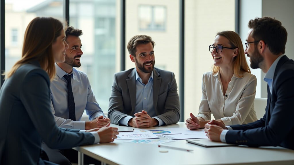 Grupo diverso discutindo estratégias de diversificação de carteira.