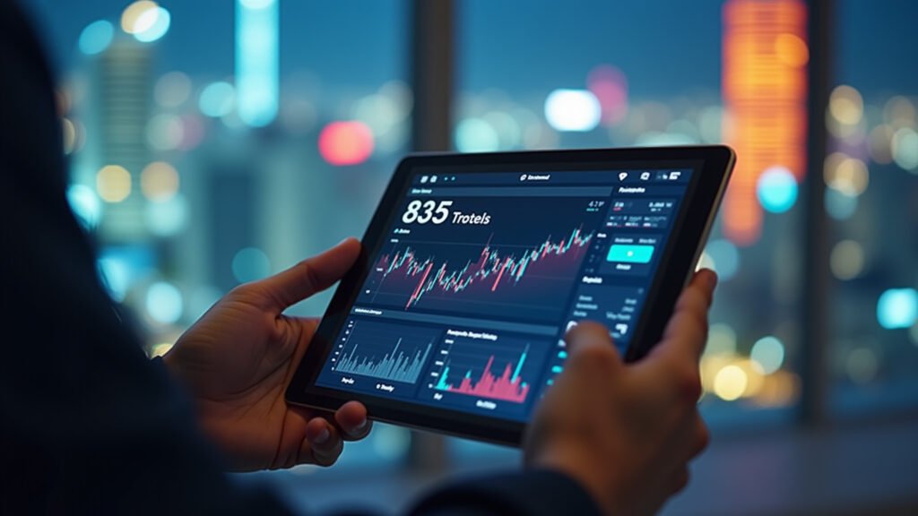 Analisando gráficos de ações e FIIs em tablet.