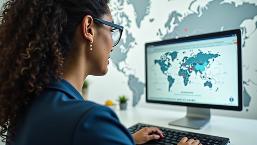 Mulher pesquisando investimentos no exterior no computador.