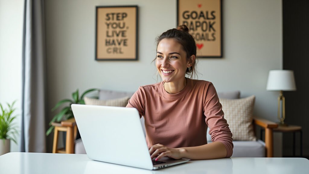 Mulher definindo objetivos financeiros no laptop.