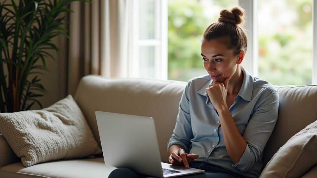 Mulher analisando opções do Tesouro Direto no laptop.