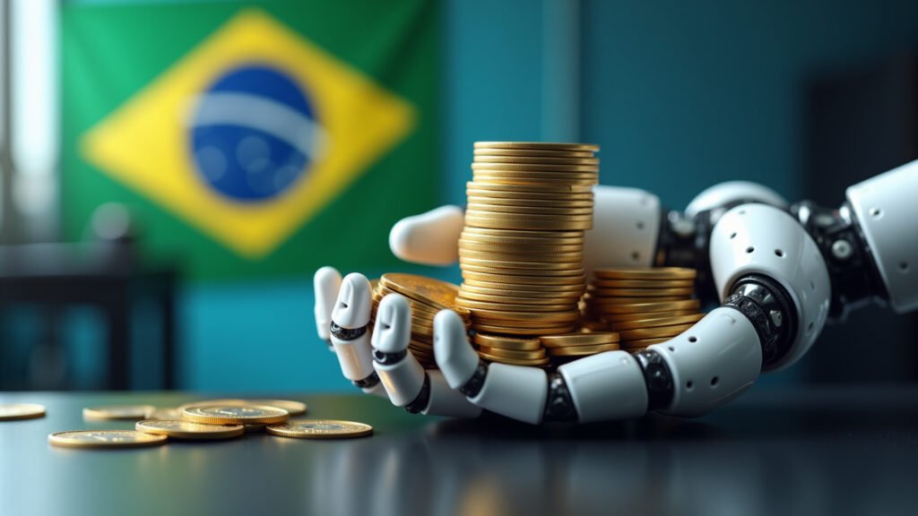 Robô de IA organizando moedas, finanças.
