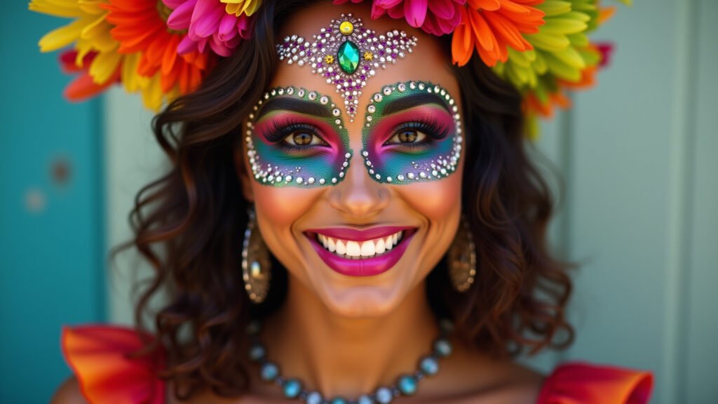 Maquiagem de Carnaval maximalista com pedrarias e cores vibrantes.
