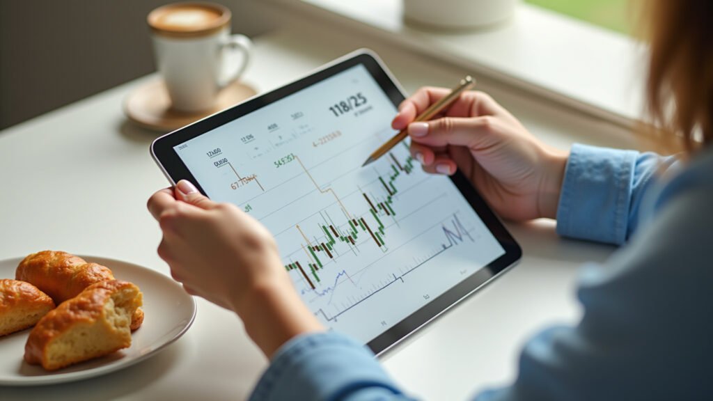 Mulher analisando gráfico financeiro em tablet.