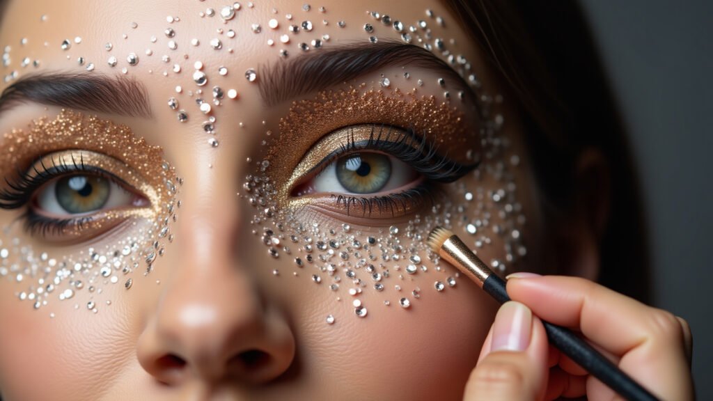 Aplicação de pedrarias no rosto para make de Carnaval.