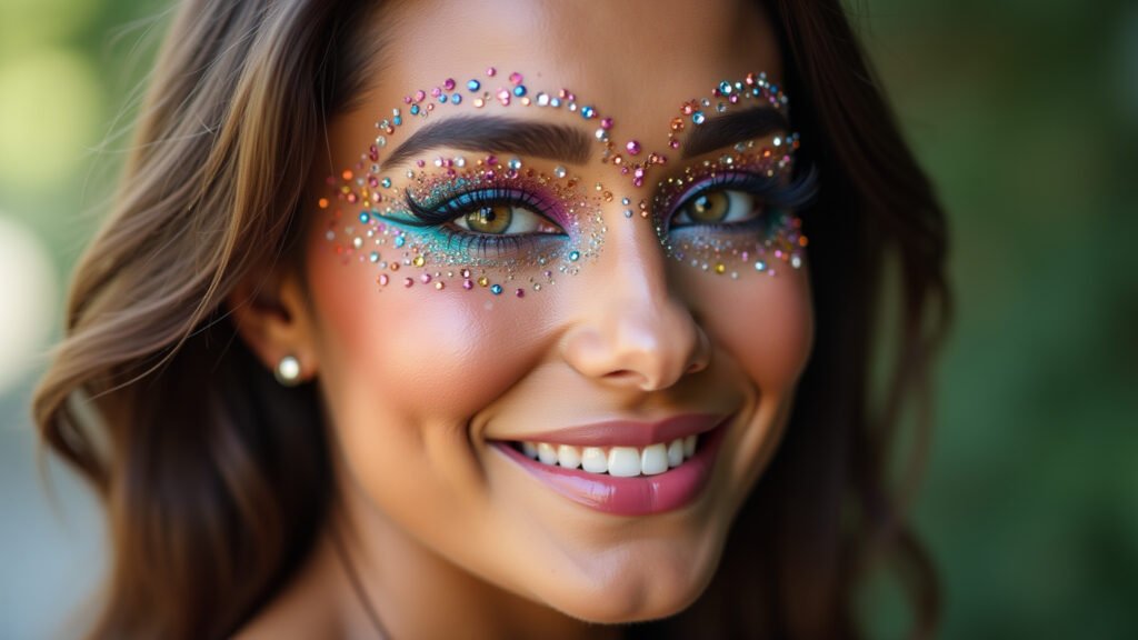 Make de Carnaval com pedrarias coloridas ao redor dos olhos.