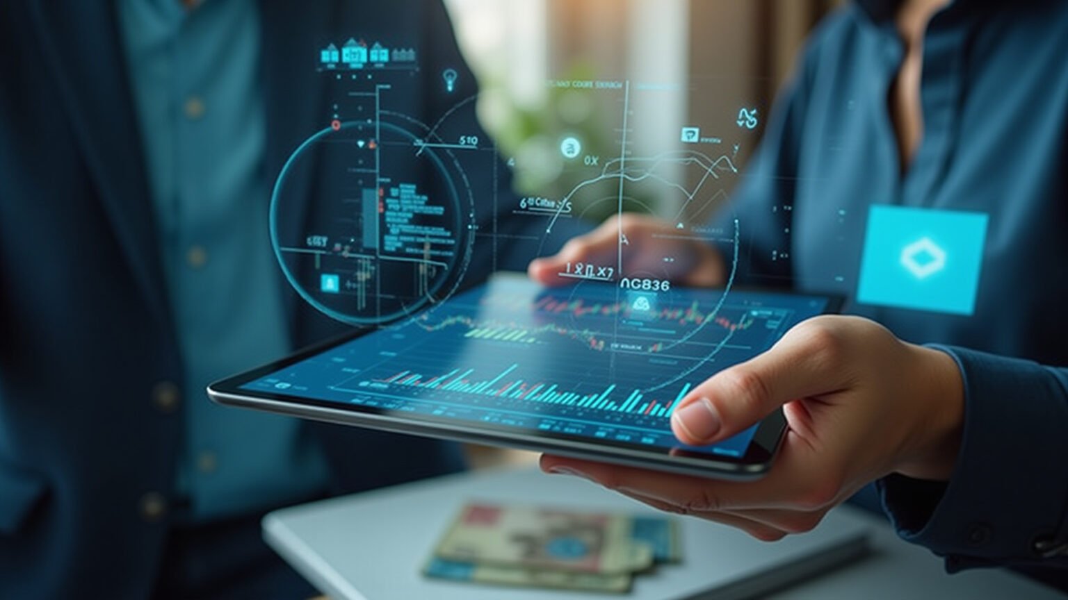Pessoa usando tablet com IA para organizar finanças pessoais.