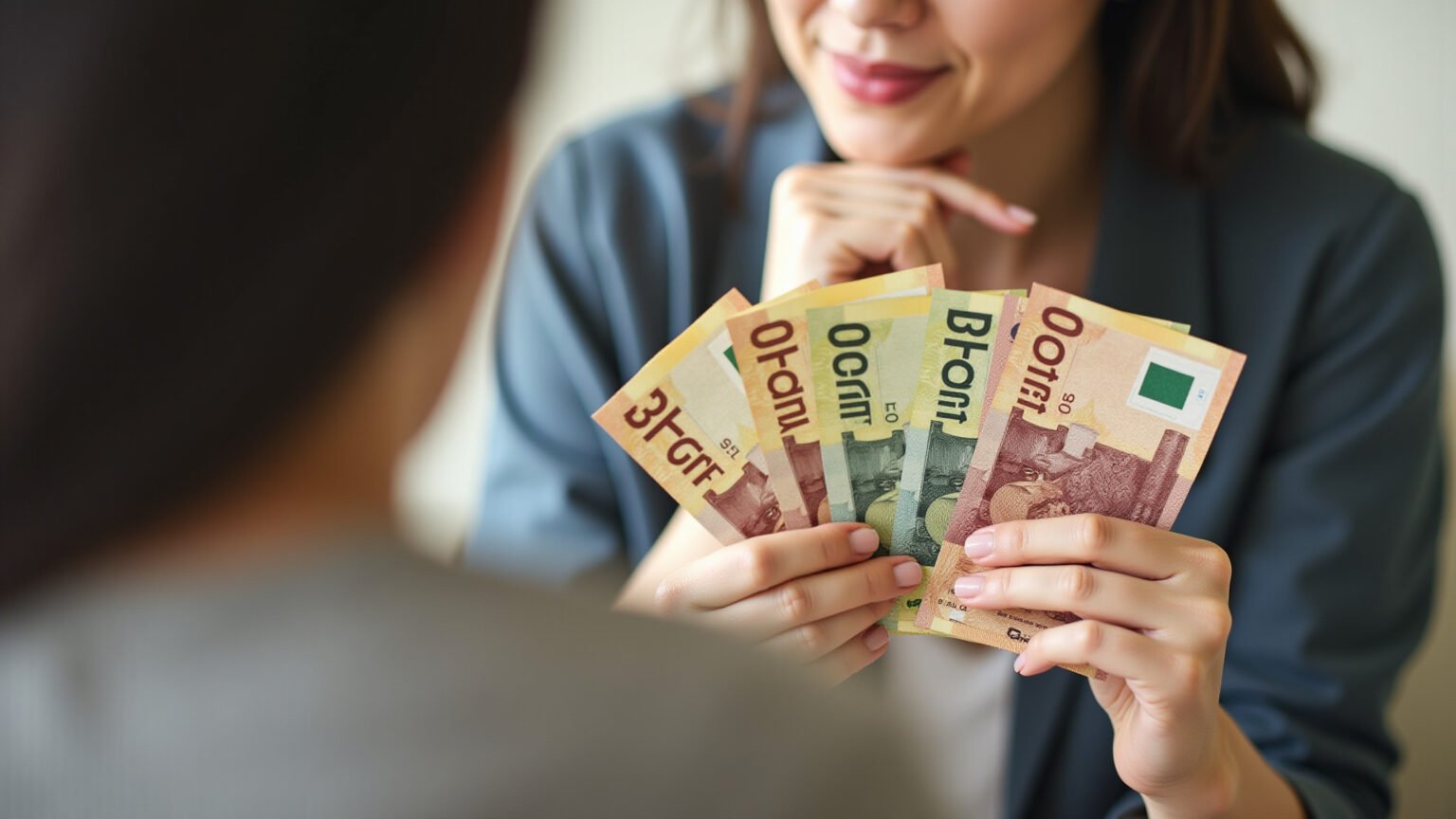 Saque-Aniversário FGTS 2026: Vale a pena antecipar ou esperar? Mulher analisando notas de Real, pensando em decisão financeira sobre FGTS.