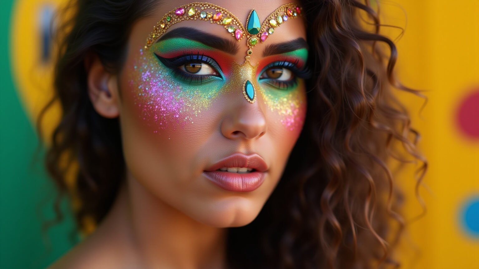 Maquiagem de Carnaval maximalista com pedrarias e cores vibrantes.
