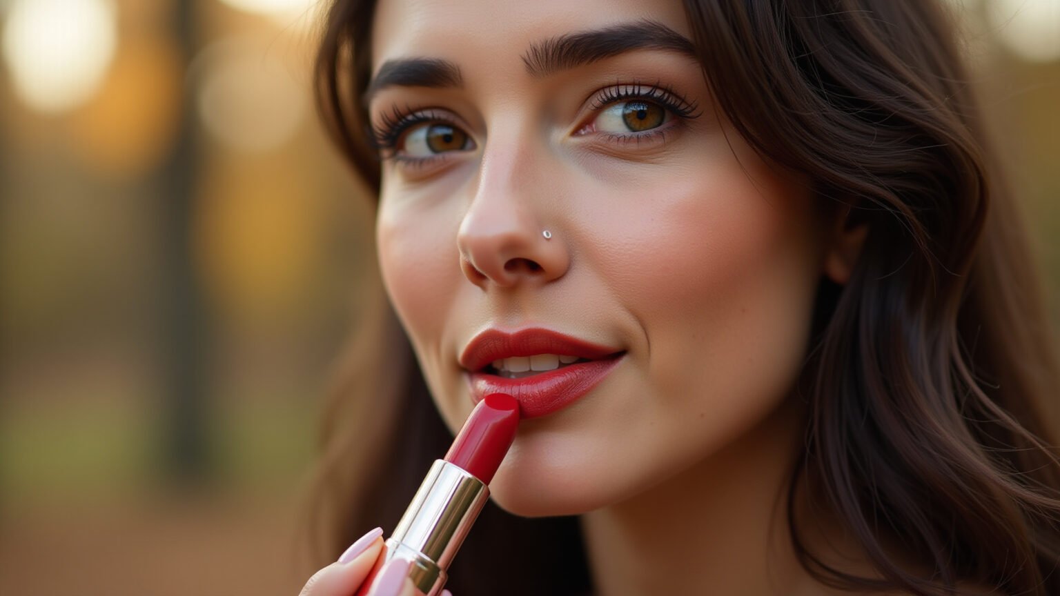 Mulher aplicando batom vermelho queimado, outono.