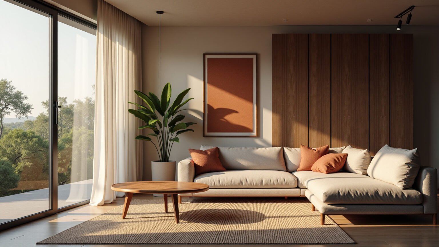 Sala moderna com tons Cloud Dancer e terrosos, design brasileiro.