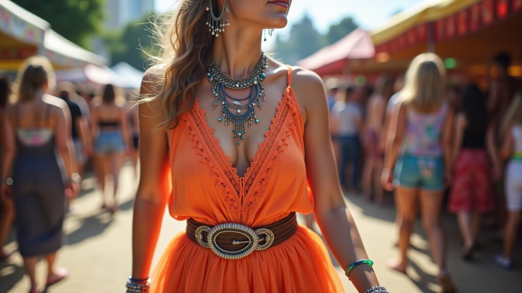 Sobreposição de lingerie com vestido colorido em look de festival.