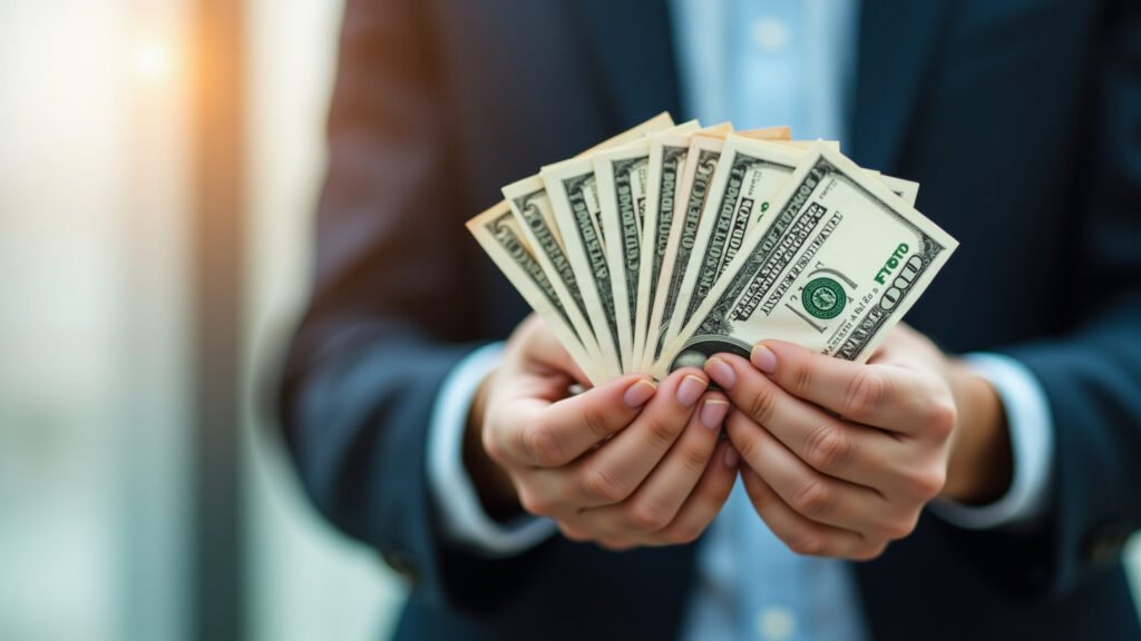 Hand holding FGTS money, responsible spending, financial planning, bright, 8k, sharp focus, Mão segurando dinheiro do FGTS, simbolizando uso consciente.