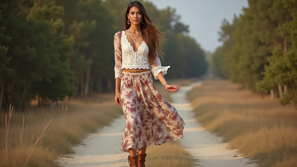 Look boho chic com top de renda, saia estampada e kimono em festival.