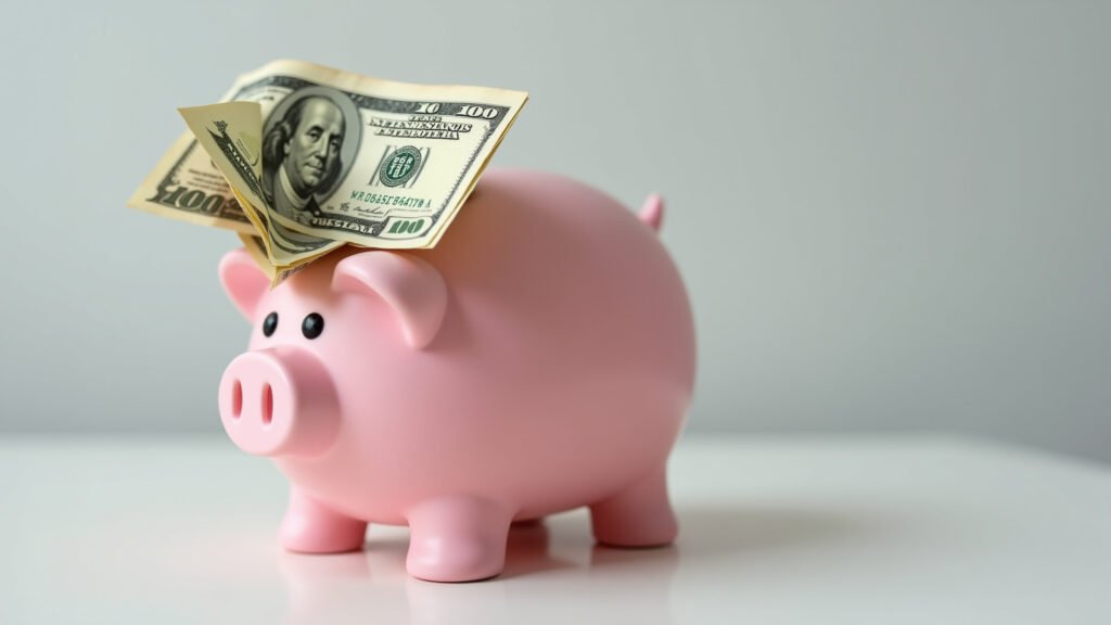 Piggy bank, FGTS money, saving for future, financial security, bright, 8k, sharp focus, commercial Cofre com dinheiro do FGTS, simbolizando economia.