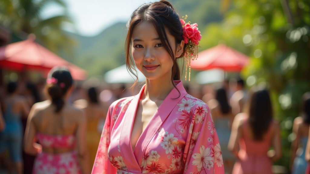 Vestido de seda rosa com kimono floral em festival.
