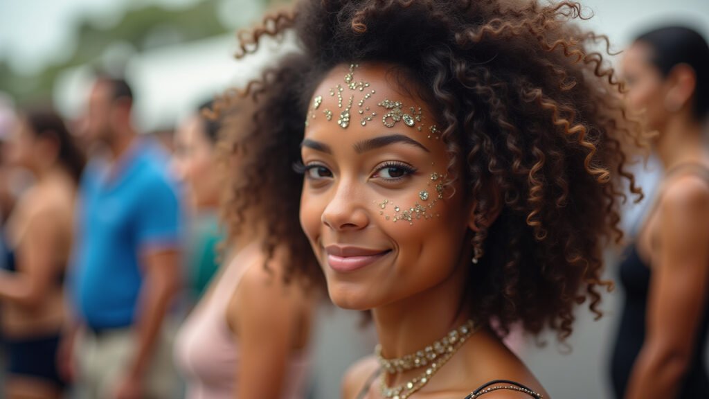Penteado de Carnaval com pedrarias no cabelo.