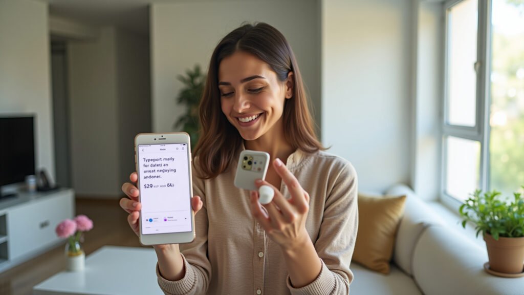 Mulher sorrindo ao receber notificação de investimento.