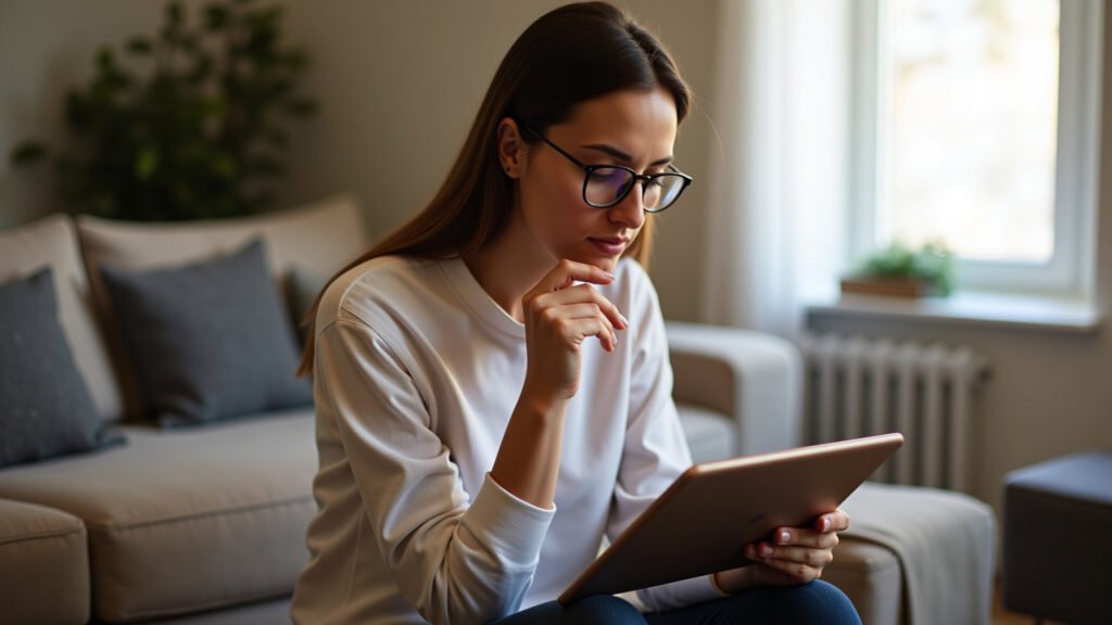 Mulher comparando apps de IA para finanças.