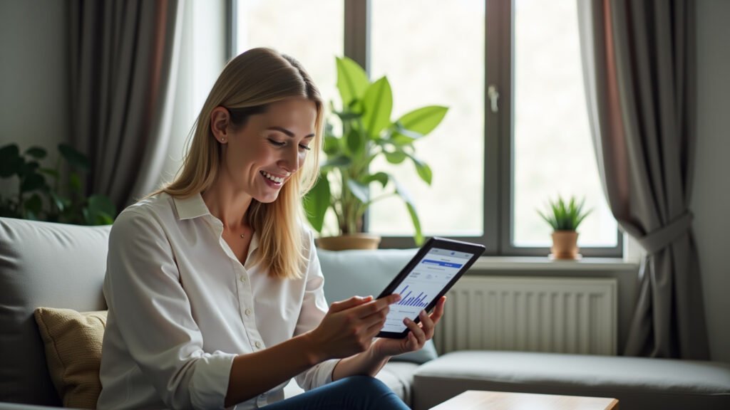 Mulher usando app de IA para finanças em casa.
