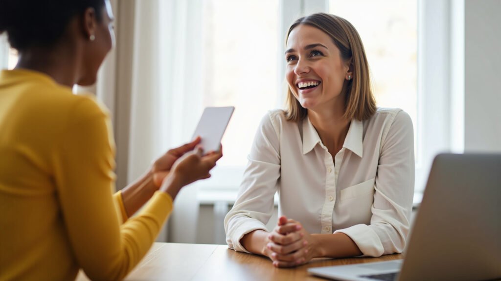 Woman receiving loan for FGTS anticipation, smiling, financial freedom, bright, 8k, professional Mulher sorrindo ao receber antecipação do Saque-Aniversário.